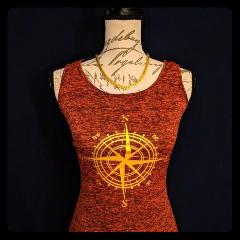 Red dress with gold compass